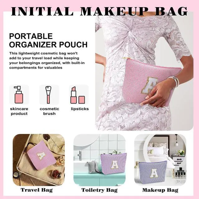 Alt view image 3 of 6 - Travel Essentials - Portable Travel Toiletry Bag for Women, Initial Makeup Kit Organizer Make up Cosmetic Bag Set Pink Stuff Birthday Gifts for Women Daughter Mom, Pink Letter J