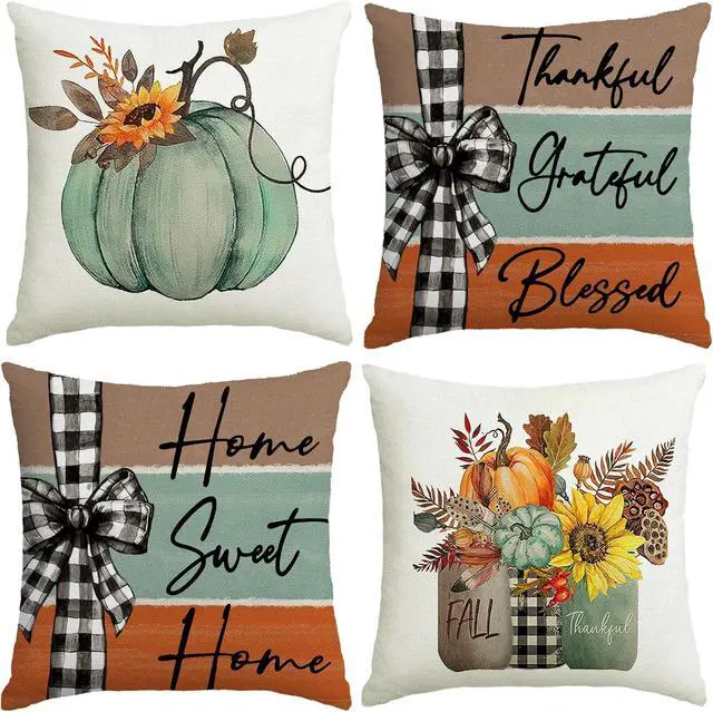Main image of Fall Pillow Covers 18x18 Set of 4 Rustic Indoor Outdoor Decorations Fall Decor for Home Blue Throw Pillow Covers,Thankful Grateful Linen Autumn Cushion Case for Sofa Couch Chair Bedroom
