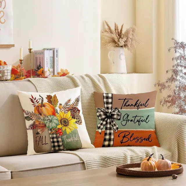 Alt view image 2 of 7 - Fall Pillow Covers 18x18 Set of 4 Rustic Indoor Outdoor Decorations Fall Decor for Home Blue Throw Pillow Covers,Thankful Grateful Linen Autumn Cushion Case for Sofa Couch Chair Bedroom