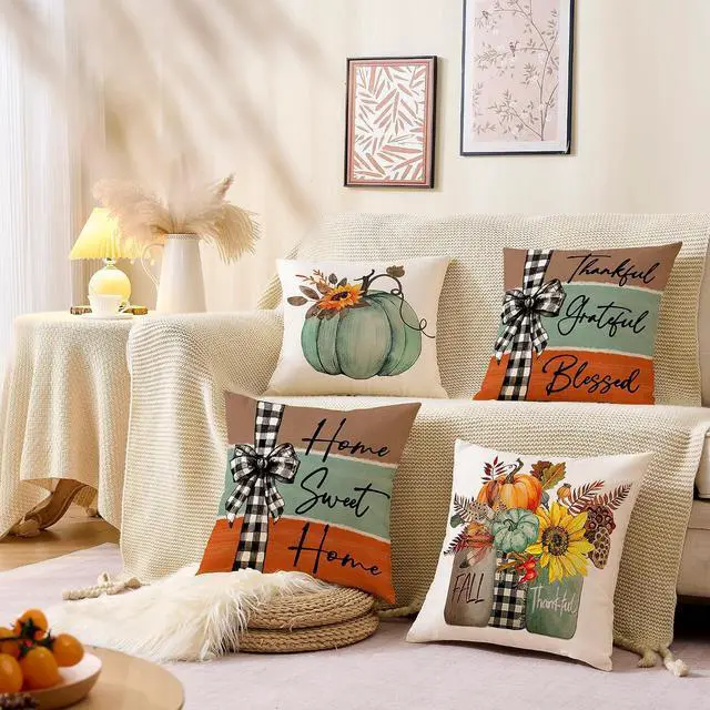 Alt view image 7 of 7 - Fall Pillow Covers 18x18 Set of 4 Rustic Indoor Outdoor Decorations Fall Decor for Home Blue Throw Pillow Covers,Thankful Grateful Linen Autumn Cushion Case for Sofa Couch Chair Bedroom