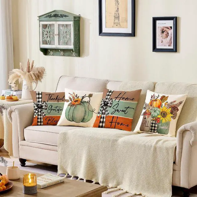Alt view image 5 of 7 - Fall Pillow Covers 18x18 Set of 4 Rustic Indoor Outdoor Decorations Fall Decor for Home Blue Throw Pillow Covers,Thankful Grateful Linen Autumn Cushion Case for Sofa Couch Chair Bedroom