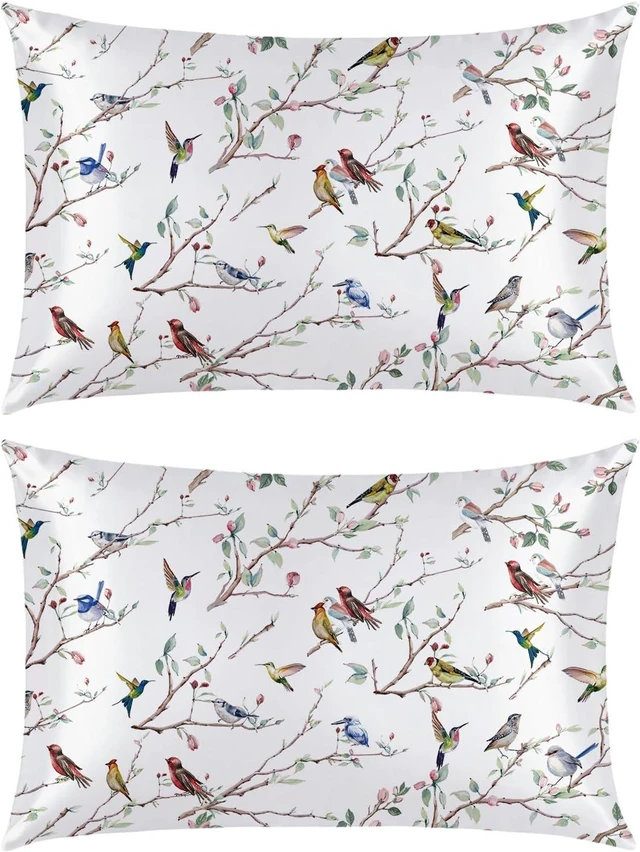 Main image of Spring Standard Size Set of 2 Satin Pillowcases for Skin and Hair, White Wild Birds Smooth Soft Similar to Silk Pillowcases for Bedding Sofa Couch,Idea Gifts for Women Men