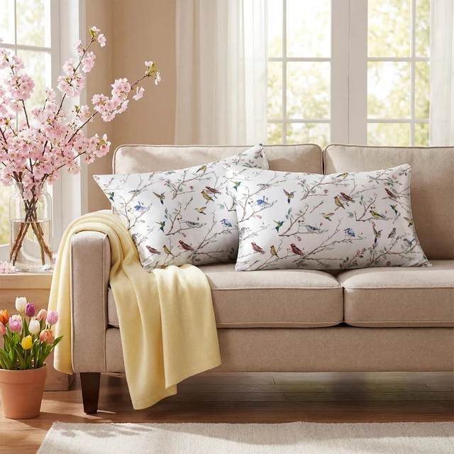 Alt view image 2 of 6 - Spring Standard Size Set of 2 Satin Pillowcases for Skin and Hair, White Wild Birds Smooth Soft Similar to Silk Pillowcases for Bedding Sofa Couch,Idea Gifts for Women Men