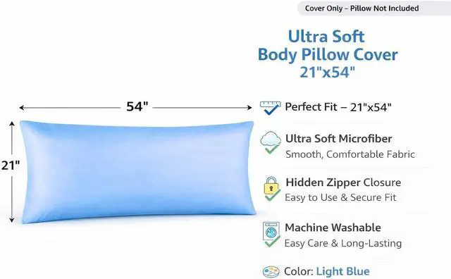 Alt view image 2 of 6 - Body Pillow Covers Pack of 2, 21" x 54", Ultra Soft Brushed Microfiber, Breathable & Cozy Body Pillowcases with Zipper Closure (Light Blue)