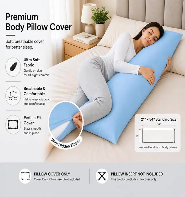 Alt view image 3 of 6 - Body Pillow Covers Pack of 2, 21" x 54", Ultra Soft Brushed Microfiber, Breathable & Cozy Body Pillowcases with Zipper Closure (Light Blue)