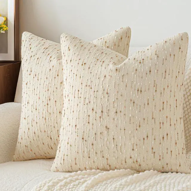Main image of Boho Throw Pillow Covers 20 x 20 in Set of 2 - Neutral Farmhouse Meteor Style Fabric Textured Decorative Cushion Case Striped Square Pillowcase for Sofa, Couch, Beige and Brown