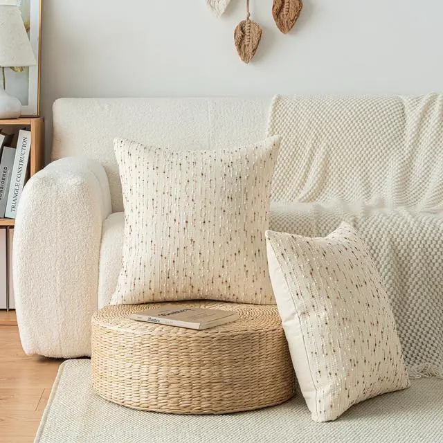 Alt view image 4 of 7 - Boho Throw Pillow Covers 20 x 20 in Set of 2 - Neutral Farmhouse Meteor Style Fabric Textured Decorative Cushion Case Striped Square Pillowcase for Sofa, Couch, Beige and Brown