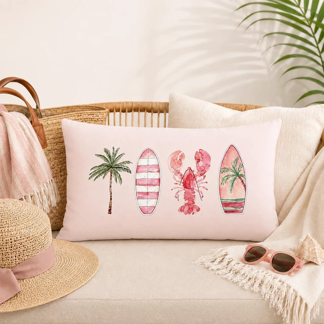 Alt view image 5 of 7 - Pink Coastal 12x20 Throw Pillow Cover for Beach Surf Room Decor