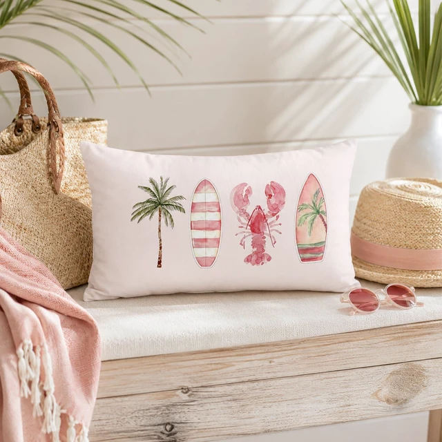 Alt view image 7 of 7 - Pink Coastal 12x20 Throw Pillow Cover for Beach Surf Room Decor