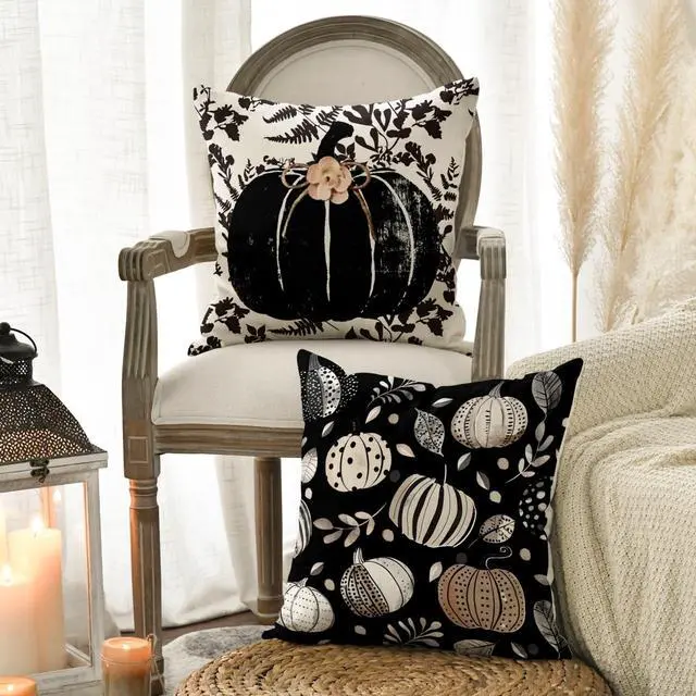 Alt view image 3 of 7 - Fall Hello Pumpkin Leaves Throw Pillow Covers, 18 x 18 Inch Autumn Thanksgiving Harvest Polka Dot Black Decorations for Sofa Couch Set of 4