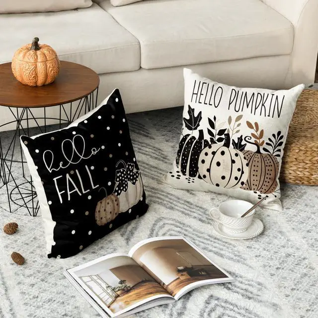 Alt view image 5 of 7 - Fall Hello Pumpkin Leaves Throw Pillow Covers, 18 x 18 Inch Autumn Thanksgiving Harvest Polka Dot Black Decorations for Sofa Couch Set of 4