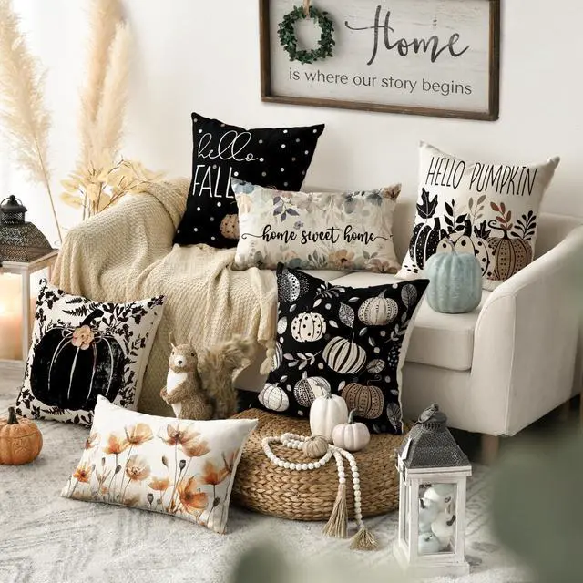 Alt view image 2 of 7 - Fall Hello Pumpkin Leaves Throw Pillow Covers, 18 x 18 Inch Autumn Thanksgiving Harvest Polka Dot Black Decorations for Sofa Couch Set of 4