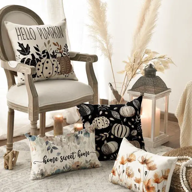 Alt view image 4 of 7 - Fall Hello Pumpkin Leaves Throw Pillow Covers, 18 x 18 Inch Autumn Thanksgiving Harvest Polka Dot Black Decorations for Sofa Couch Set of 4