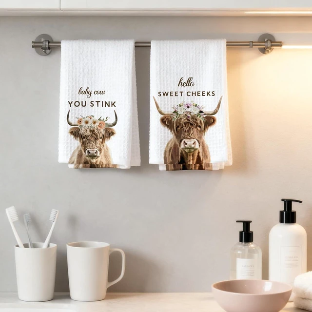 Alt view image 3 of 5 - Funny Highland Cow Bathroom Towels, Hello Sweet Cheeks Hand Towels Gifts for Cow Lovers Women Friends, Farmhouse Home Bathroom Washroom Toilet Dish Tea Towel Decor, Set of 2-014