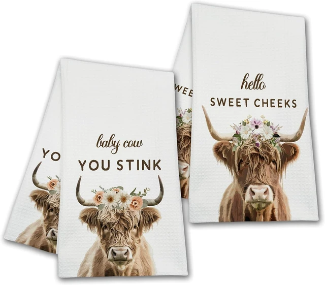 Main image of Funny Highland Cow Bathroom Towels, Hello Sweet Cheeks Hand Towels Gifts for Cow Lovers Women Friends, Farmhouse Home Bathroom Washroom Toilet Dish Tea Towel Decor, Set of 2-014