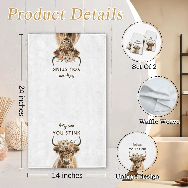 Alt view image 2 of 5 - Funny Highland Cow Bathroom Towels, Hello Sweet Cheeks Hand Towels Gifts for Cow Lovers Women Friends, Farmhouse Home Bathroom Washroom Toilet Dish Tea Towel Decor, Set of 2-014