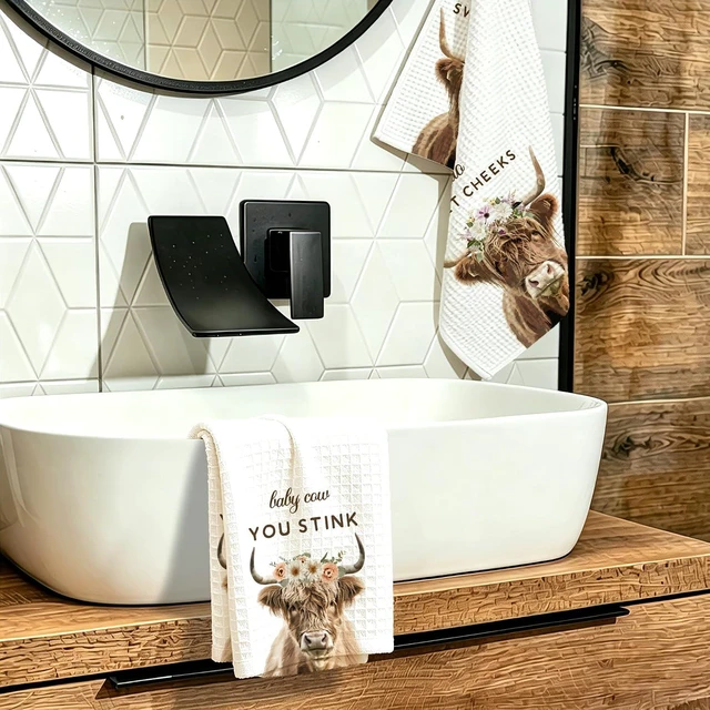 Alt view image 4 of 5 - Funny Highland Cow Bathroom Towels, Hello Sweet Cheeks Hand Towels Gifts for Cow Lovers Women Friends, Farmhouse Home Bathroom Washroom Toilet Dish Tea Towel Decor, Set of 2-014