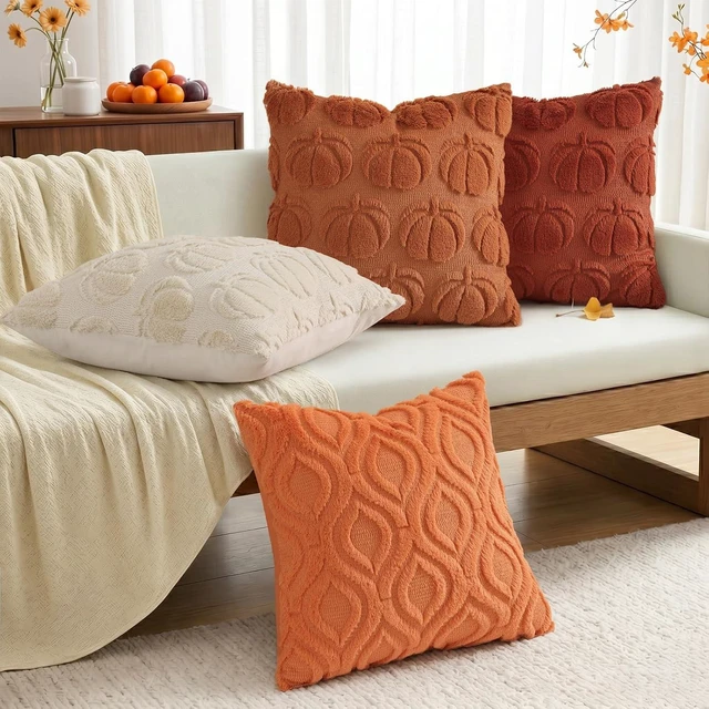 Alt view image 3 of 7 - Light Rust Pumpkin Faux Fur Throw Pillow Covers 18x18 Set of 2