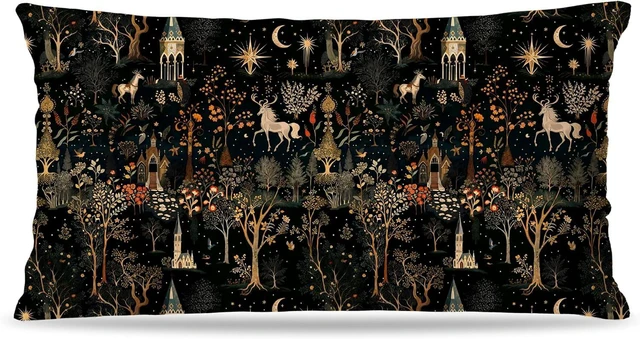 Main image of Medieval Dark Gothic Forest Pillow Covers 12x20 Double-Sided, Cottagecore Room Decor, Boho Witchy Celestial Whimsical Forest Horse Castle Decorative Pillow Covers for Home Bedroom Living Room