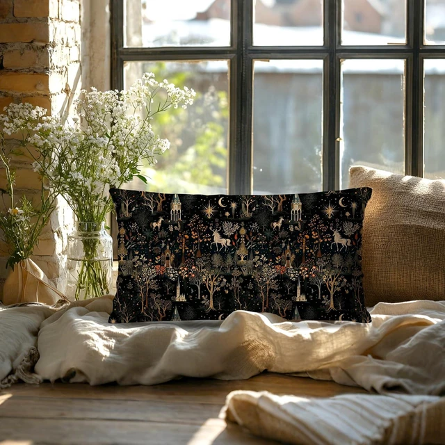 Alt view image 4 of 6 - Medieval Dark Gothic Forest Pillow Covers 12x20 Double-Sided, Cottagecore Room Decor, Boho Witchy Celestial Whimsical Forest Horse Castle Decorative Pillow Covers for Home Bedroom Living Room