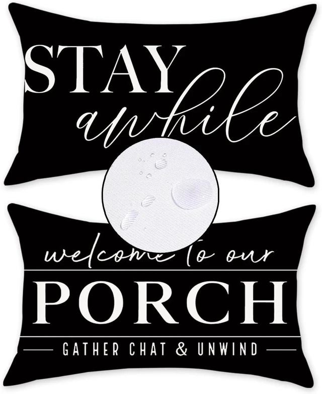 Main image of Outdoor Pillow Covers Waterproof 12x20 Set of 2 Black and White Decorative Welcome to Our Porch Stay Awhile Cushion Cases for Patio Furniture Sofa Couch Decor