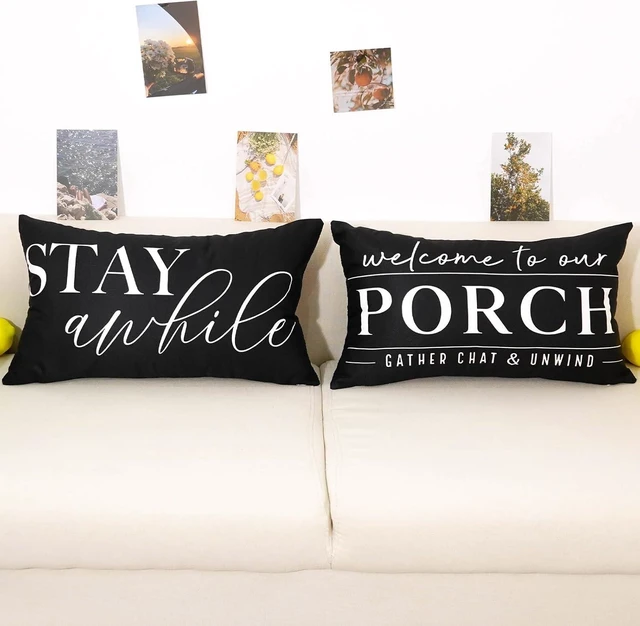 Alt view image 2 of 7 - Outdoor Pillow Covers Waterproof 12x20 Set of 2 Black and White Decorative Welcome to Our Porch Stay Awhile Cushion Cases for Patio Furniture Sofa Couch Decor