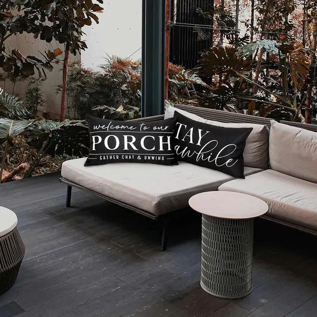 Alt view image 3 of 7 - Outdoor Pillow Covers Waterproof 12x20 Set of 2 Black and White Decorative Welcome to Our Porch Stay Awhile Cushion Cases for Patio Furniture Sofa Couch Decor