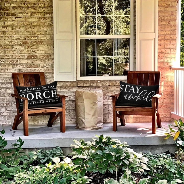 Alt view image 4 of 7 - Outdoor Pillow Covers Waterproof 12x20 Set of 2 Black and White Decorative Welcome to Our Porch Stay Awhile Cushion Cases for Patio Furniture Sofa Couch Decor