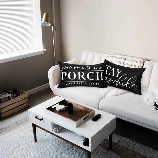 Alt view image 6 of 7 - Outdoor Pillow Covers Waterproof 12x20 Set of 2 Black and White Decorative Welcome to Our Porch Stay Awhile Cushion Cases for Patio Furniture Sofa Couch Decor