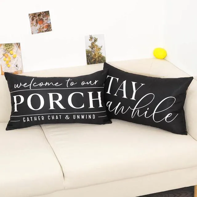 Alt view image 7 of 7 - Outdoor Pillow Covers Waterproof 12x20 Set of 2 Black and White Decorative Welcome to Our Porch Stay Awhile Cushion Cases for Patio Furniture Sofa Couch Decor