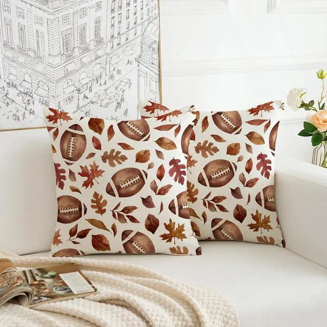 Alt view image 5 of 6 - Fall Football Maple Leaves Pillow Covers 18x18 Inch Set of 2 Farmhouse Autumn Decorative Throw Pillows Thanksgiving Harvest Cushion Cases for Sofa Couch Home Decorations