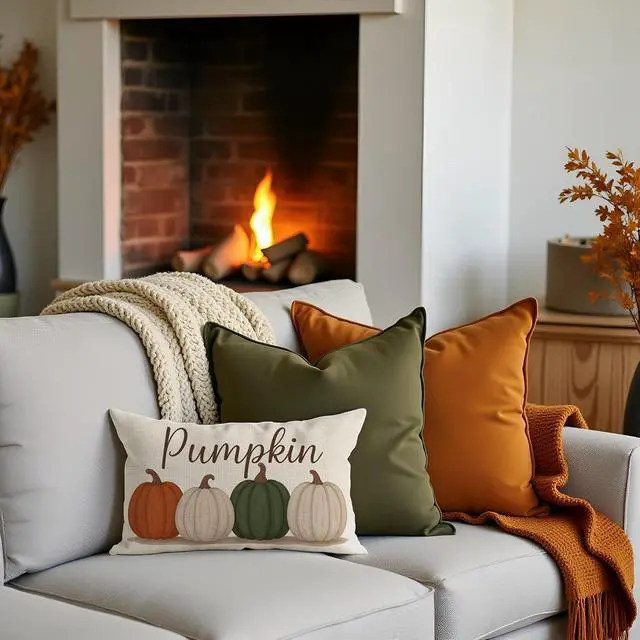 Alt view image 4 of 7 - Fall Olive Green Orange Pumpkin Pillow Covers 12x20 Inch