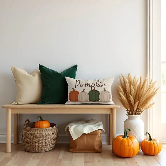 Alt view image 7 of 7 - Fall Olive Green Orange Pumpkin Pillow Covers 12x20 Inch