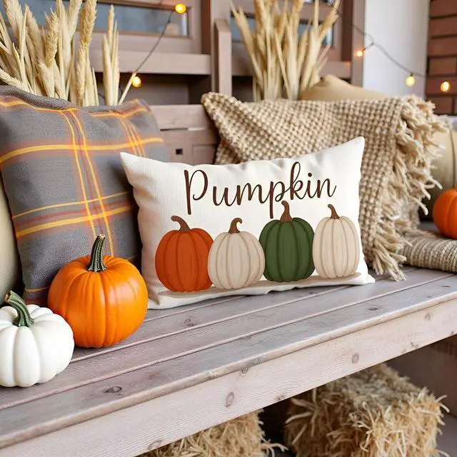 Alt view image 3 of 7 - Fall Olive Green Orange Pumpkin Pillow Covers 12x20 Inch