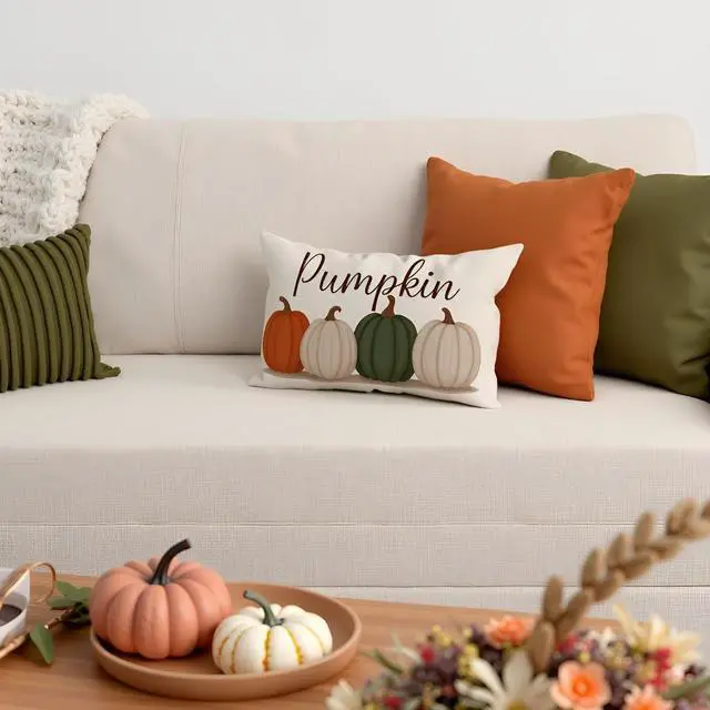 Alt view image 2 of 7 - Fall Olive Green Orange Pumpkin Pillow Covers 12x20 Inch