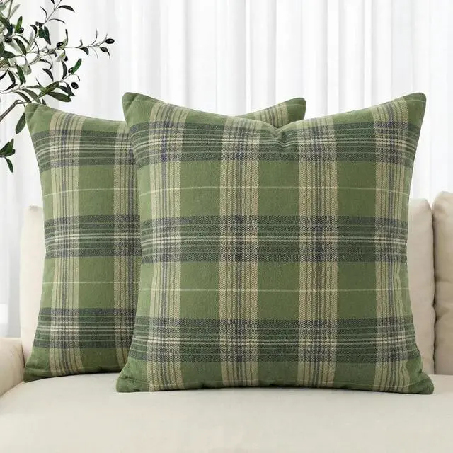Main image of Spring Summer Green Khaki Plaid Decorative Throw Pillow Covers, 18 x 18 Inch Holiday Scottish Tartan Cushion Case Farmhouse Decoration for Sofa Couch Set of 2