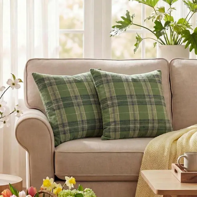 Alt view image 2 of 7 - Spring Summer Green Khaki Plaid Decorative Throw Pillow Covers, 18 x 18 Inch Holiday Scottish Tartan Cushion Case Farmhouse Decoration for Sofa Couch Set of 2