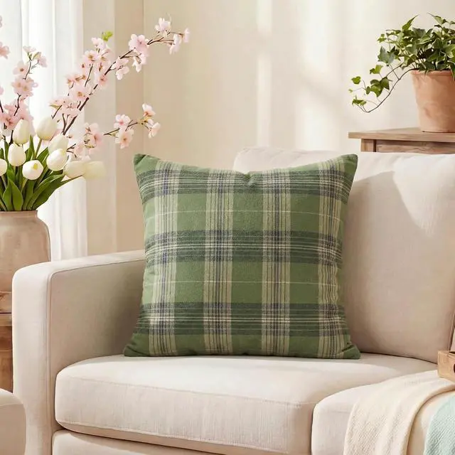 Alt view image 3 of 7 - Spring Summer Green Khaki Plaid Decorative Throw Pillow Covers, 18 x 18 Inch Holiday Scottish Tartan Cushion Case Farmhouse Decoration for Sofa Couch Set of 2