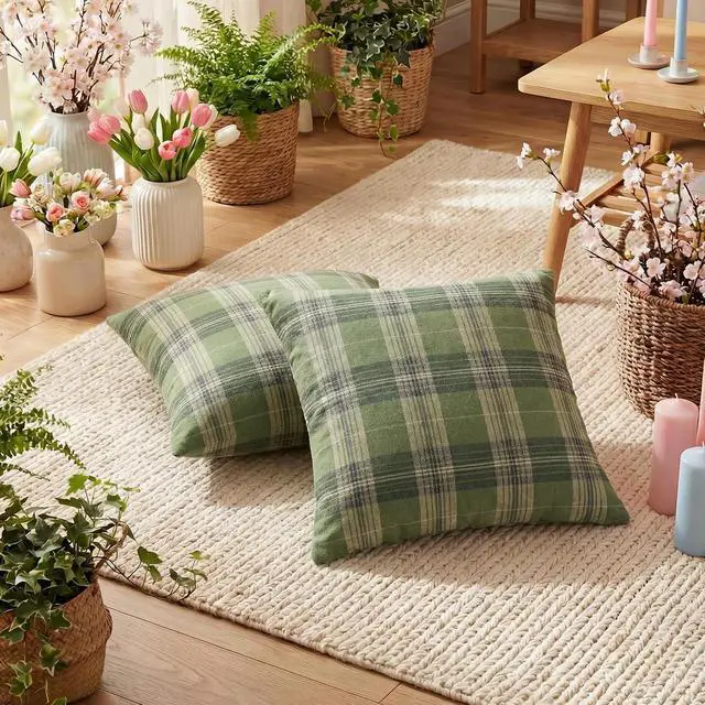 Alt view image 4 of 7 - Spring Summer Green Khaki Plaid Decorative Throw Pillow Covers, 18 x 18 Inch Holiday Scottish Tartan Cushion Case Farmhouse Decoration for Sofa Couch Set of 2