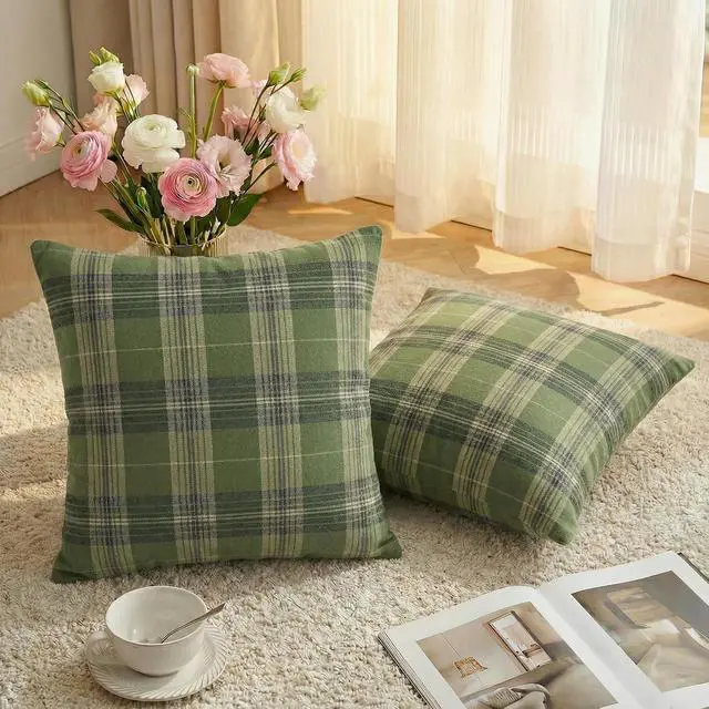 Alt view image 6 of 7 - Spring Summer Green Khaki Plaid Decorative Throw Pillow Covers, 18 x 18 Inch Holiday Scottish Tartan Cushion Case Farmhouse Decoration for Sofa Couch Set of 2