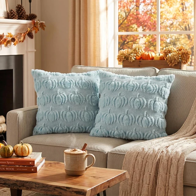 Alt view image 2 of 7 - Blue Fall Pumpkin Throw Pillow Covers 18x18 Inch