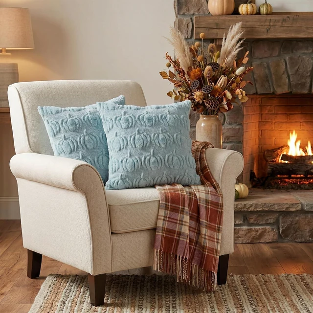 Alt view image 4 of 7 - Blue Fall Pumpkin Throw Pillow Covers 18x18 Inch