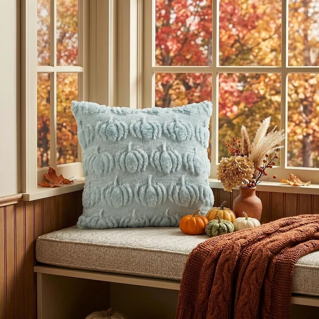 Alt view image 3 of 7 - Blue Fall Pumpkin Throw Pillow Covers 18x18 Inch