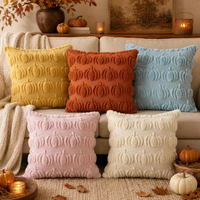 Alt view image 5 of 7 - Blue Fall Pumpkin Throw Pillow Covers 18x18 Inch