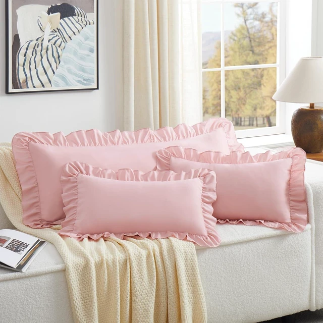 Alt view image 2 of 7 - Light Pink Lumbar Pillow Covers 14x36 Inch Set of 1, Microfiber Ruffled Pillow Shams, Ruffle Sham Pillow Covers Lumbar Pillow Case for Couch Bed Livingroom