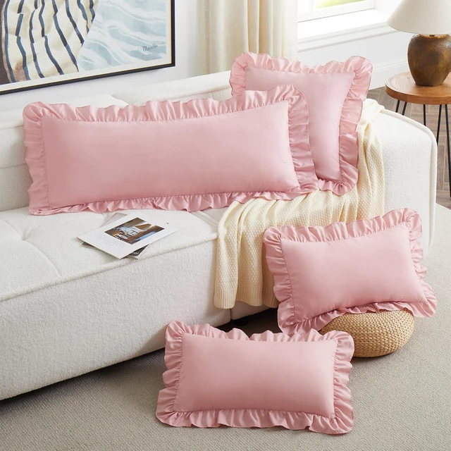 Alt view image 4 of 7 - Light Pink Lumbar Pillow Covers 14x36 Inch Set of 1, Microfiber Ruffled Pillow Shams, Ruffle Sham Pillow Covers Lumbar Pillow Case for Couch Bed Livingroom