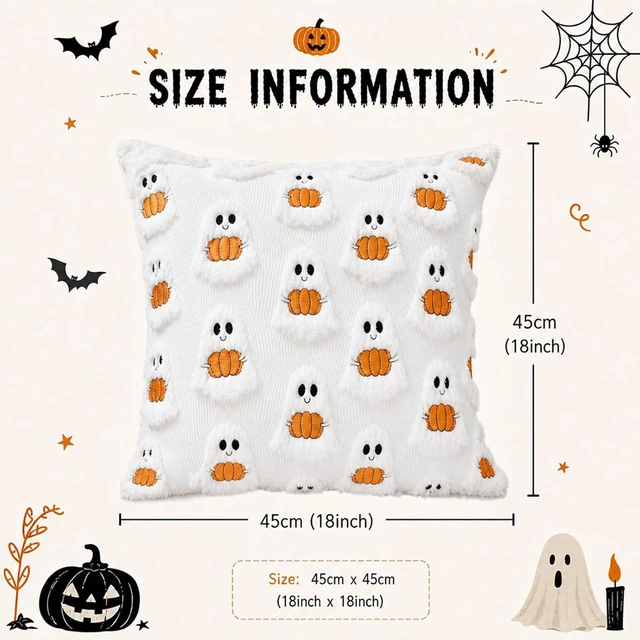 Alt view image 2 of 6 - 2 Pcs Halloween Pillow Covers 18x18 Inches, Soft Fluffy Plush Throw Pillow Cases with Cute Ghost Pumpkin Pattern, Spooky Season Fall Decorative Cushion Covers for Sofa Couch Home Decoration