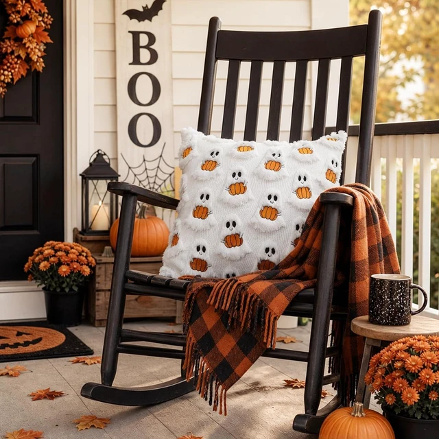Alt view image 4 of 6 - 2 Pcs Halloween Pillow Covers 18x18 Inches, Soft Fluffy Plush Throw Pillow Cases with Cute Ghost Pumpkin Pattern, Spooky Season Fall Decorative Cushion Covers for Sofa Couch Home Decoration