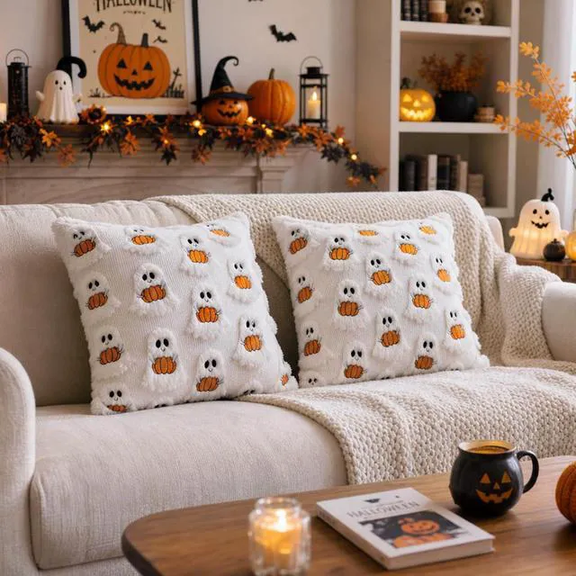Alt view image 6 of 6 - 2 Pcs Halloween Pillow Covers 18x18 Inches, Soft Fluffy Plush Throw Pillow Cases with Cute Ghost Pumpkin Pattern, Spooky Season Fall Decorative Cushion Covers for Sofa Couch Home Decoration