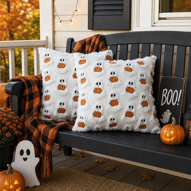 Alt view image 5 of 6 - 2 Pcs Halloween Pillow Covers 18x18 Inches, Soft Fluffy Plush Throw Pillow Cases with Cute Ghost Pumpkin Pattern, Spooky Season Fall Decorative Cushion Covers for Sofa Couch Home Decoration